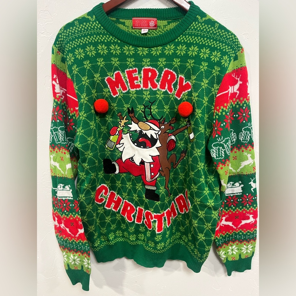 You Look Ugly Today Mens Green Santa Reindeer Holiday Sweater Large Pom Poms